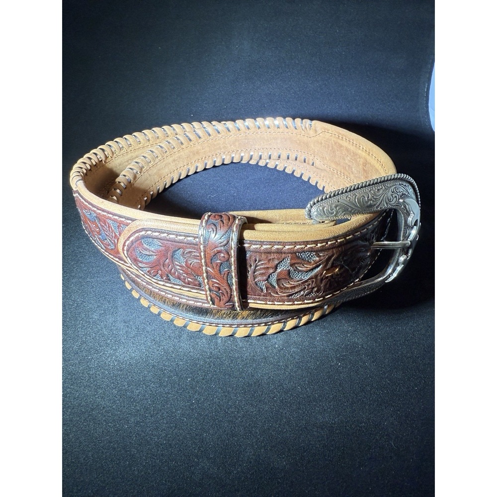 Justin Boots Tooled  Leather Belt With‎ Pony Hair Accent Silver Buckle Sz 44 - Picture 2 of 7
